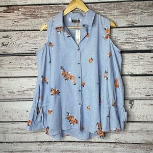 NWT Angela Plus Cold Shoulder Button Down Shirt 1X Embroidered Flowers Collared